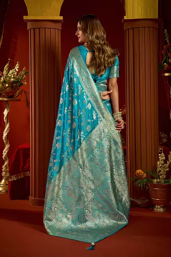 sky blue silk blend swarovski work festive wear saree
