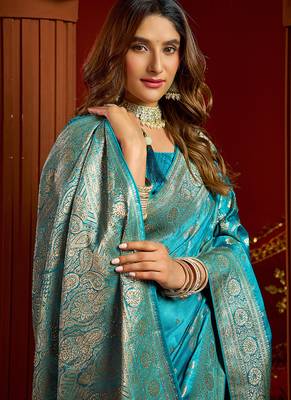 sky blue silk blend swarovski work festive wear saree 3