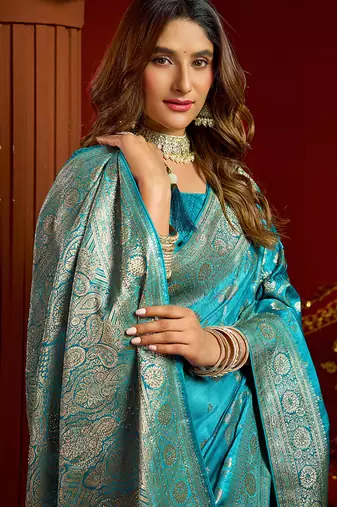 sky blue silk blend swarovski work festive wear saree