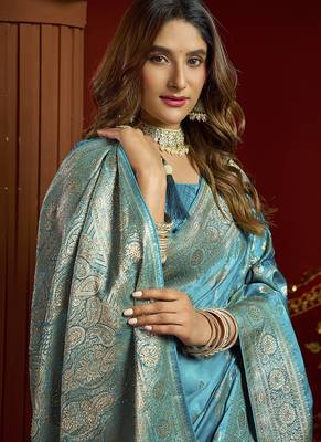 sky blue silk blend swarovski work festive wear saree 4