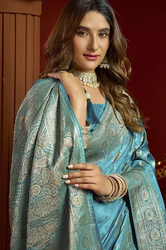 sky blue silk blend swarovski work festive wear saree