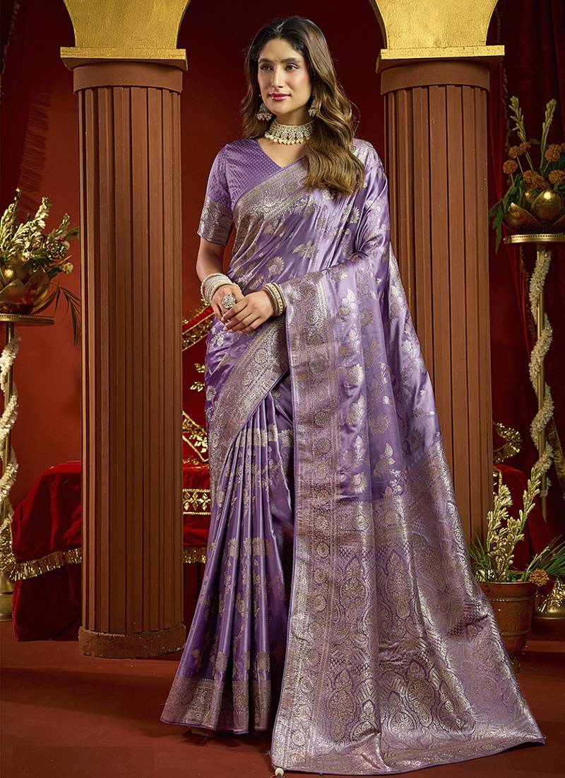 lavender silk blend swarovski work festive wear saree
