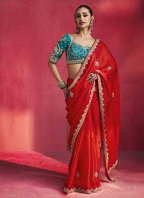 Blood red fancy soft shimmering sequin stone work party wear saree 1