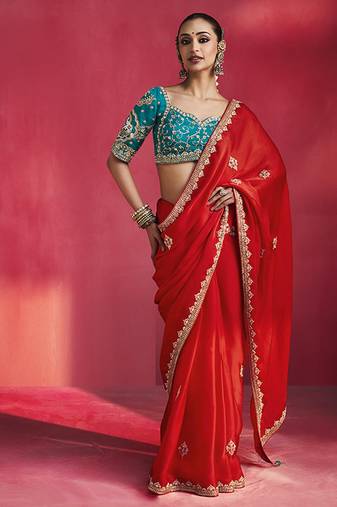 Blood red fancy soft shimmering sequin stone work party wear saree