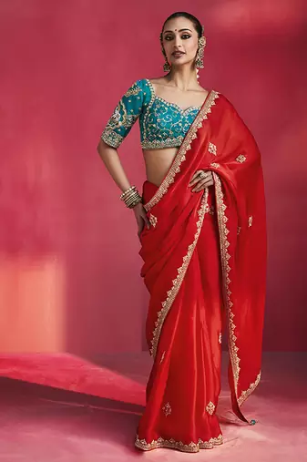 Blood red fancy soft shimmering sequin stone work party wear saree