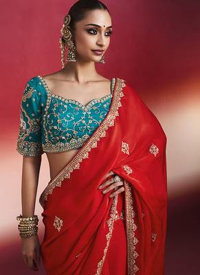 Blood red fancy soft shimmering sequin stone work party wear saree 3