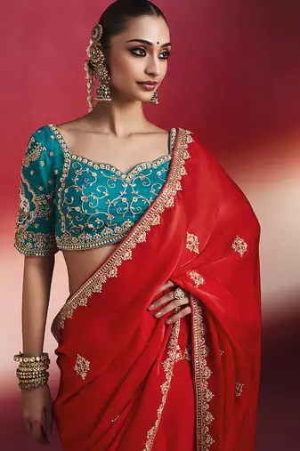 Blood red fancy soft shimmering sequin stone work party wear saree
