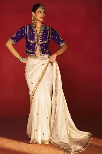 White fancy soft shimmering sequin stone work party wear saree