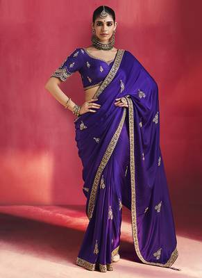 Navy blue fancy soft shimmering sequin stone work party wear saree 1