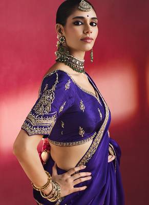Navy blue fancy soft shimmering sequin stone work party wear saree 3