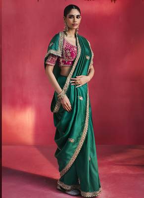 Green fancy soft shimmering sequin stone work party wear saree 1