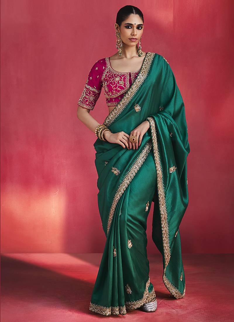 Green fancy soft shimmering sequin stone work party wear saree