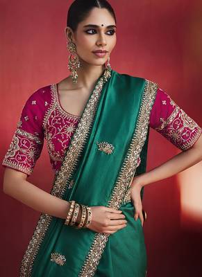 Green fancy soft shimmering sequin stone work party wear saree 3