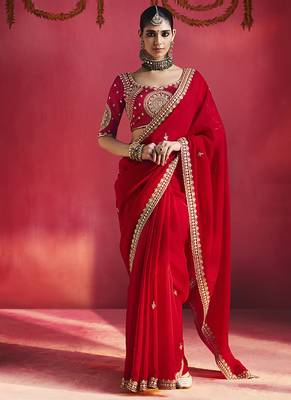 Red fancy soft shimmering sequin stone work party wear saree 1