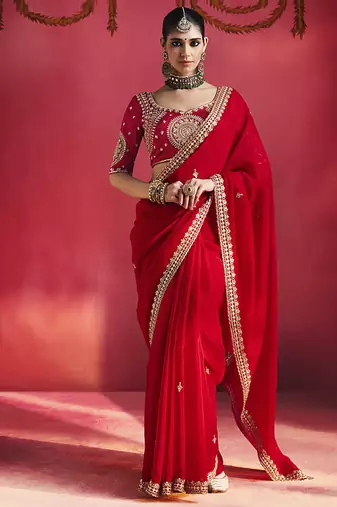 Red fancy soft shimmering sequin stone work party wear saree