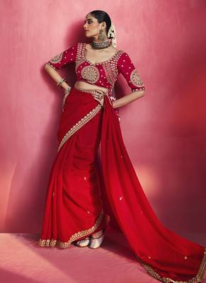 Red fancy soft shimmering sequin stone work party wear saree 2