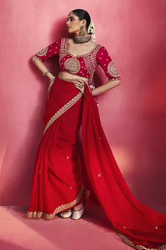 Red fancy soft shimmering sequin stone work party wear saree