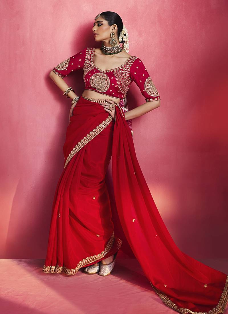 Red fancy soft shimmering sequin stone work party wear saree