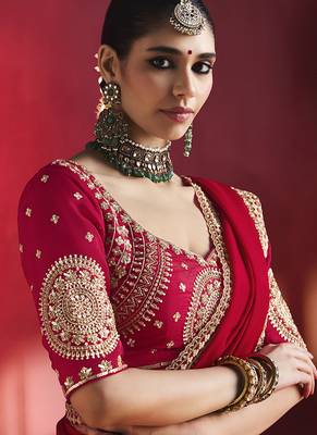 Red fancy soft shimmering sequin stone work party wear saree 4