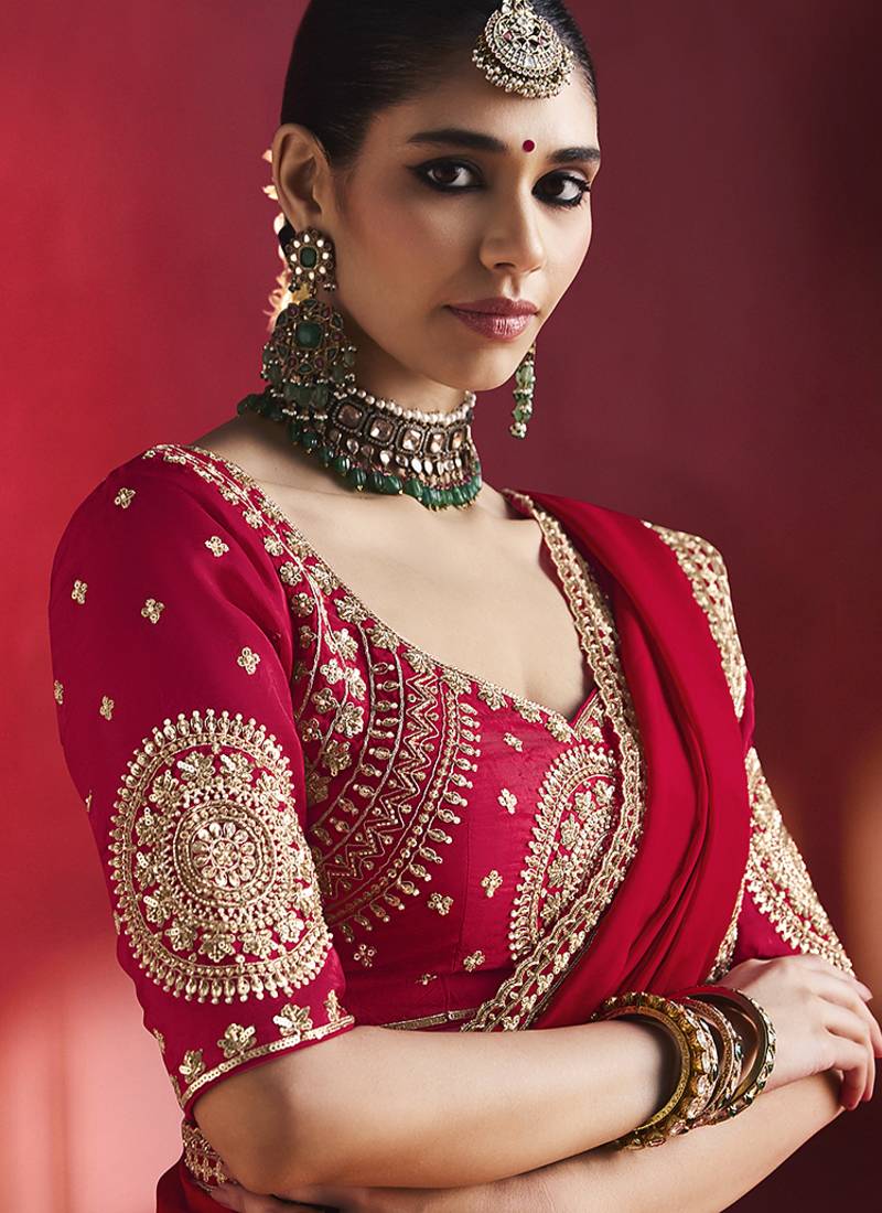 Red fancy soft shimmering sequin stone work party wear saree