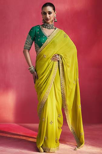 Olive fancy soft shimmering sequin stone work party wear saree