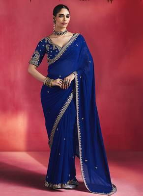 Navy blue fancy soft shimmering sequin stone work party wear saree 1