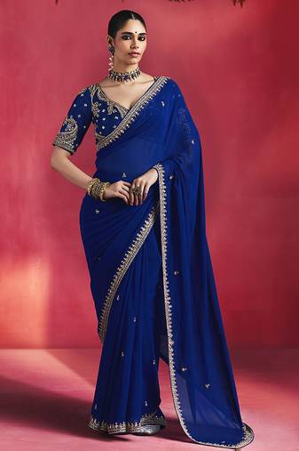 Navy blue fancy soft shimmering sequin stone work party wear saree