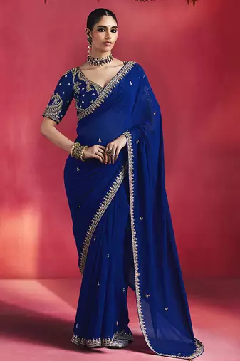 Navy blue fancy soft shimmering sequin stone work party wear saree