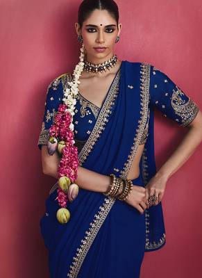 Navy blue fancy soft shimmering sequin stone work party wear saree 2