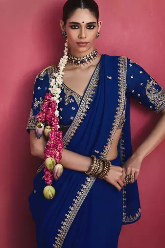 Navy blue fancy soft shimmering sequin stone work party wear saree