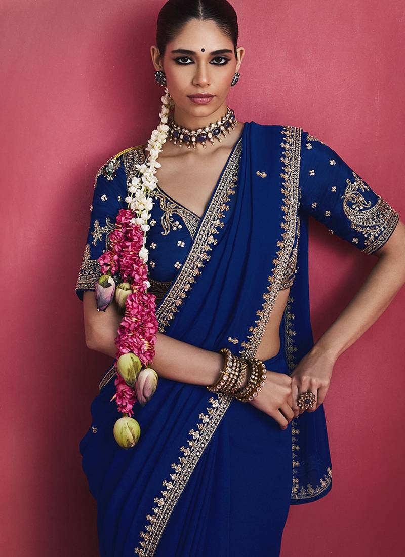 Navy blue fancy soft shimmering sequin stone work party wear saree