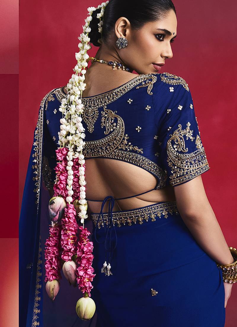 Navy blue fancy soft shimmering sequin stone work party wear saree