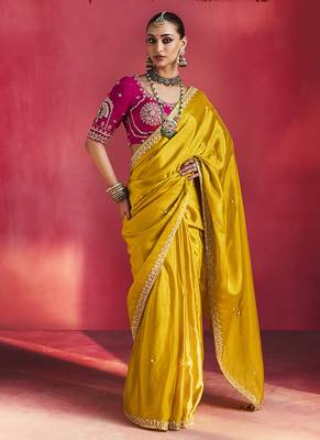 Mustard fancy soft shimmering sequin stone work party wear saree 1