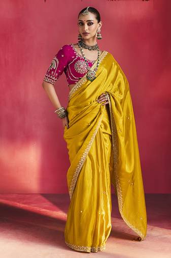 Mustard fancy soft shimmering sequin stone work party wear saree