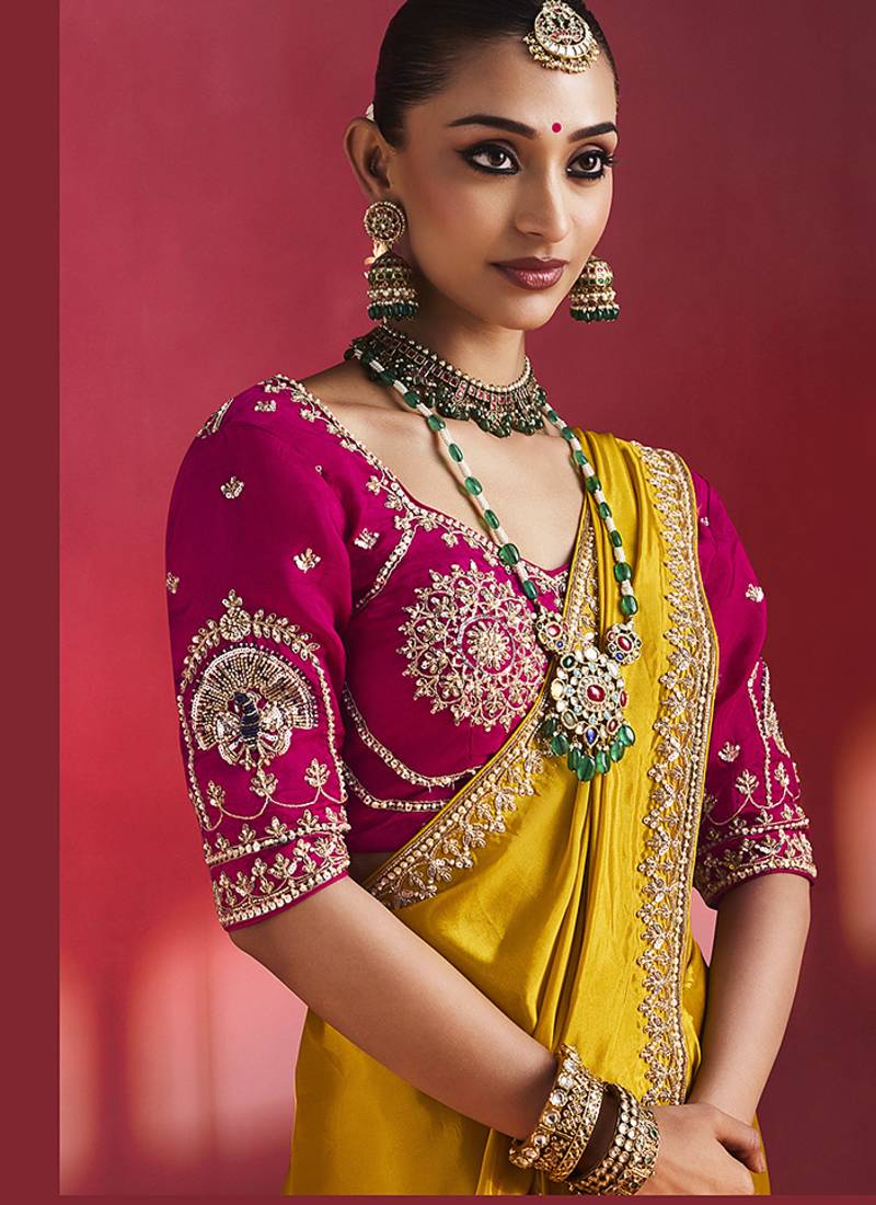 Mustard fancy soft shimmering sequin stone work party wear saree
