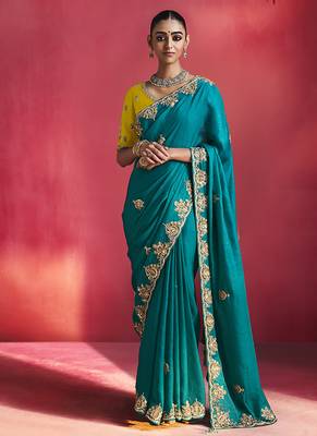 Peacock blue fancy soft shimmering sequin stone work party wear saree 1