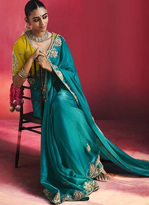 Peacock blue fancy soft shimmering sequin stone work party wear saree 2