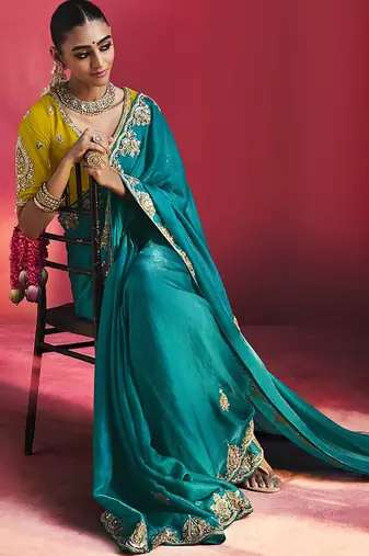 Peacock blue fancy soft shimmering sequin stone work party wear saree