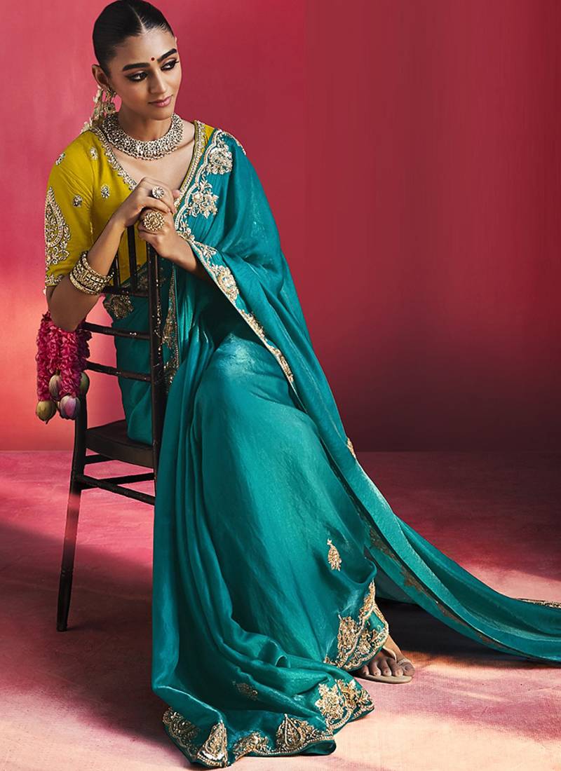 Peacock blue fancy soft shimmering sequin stone work party wear saree