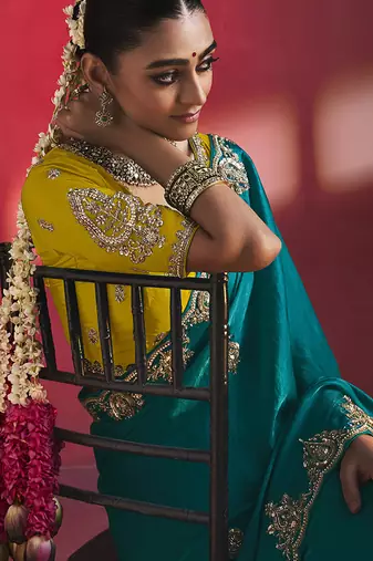 Peacock blue fancy soft shimmering sequin stone work party wear saree