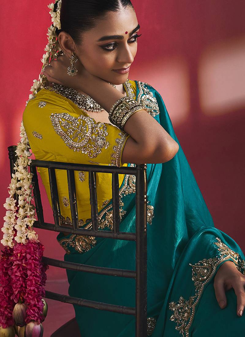 Peacock blue fancy soft shimmering sequin stone work party wear saree