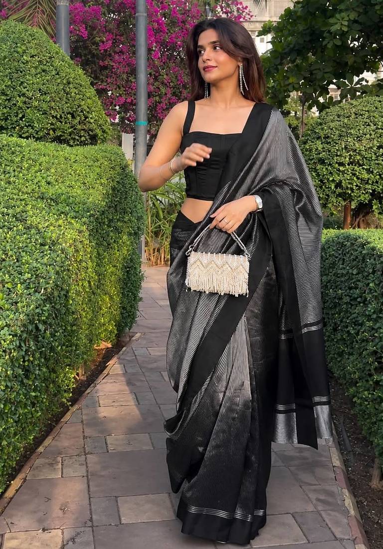 Black color art silk blend sarees with blouse