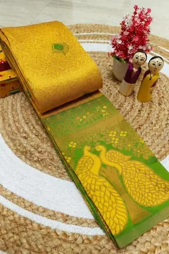 Yellow popti color art silk blend sarees with blouse