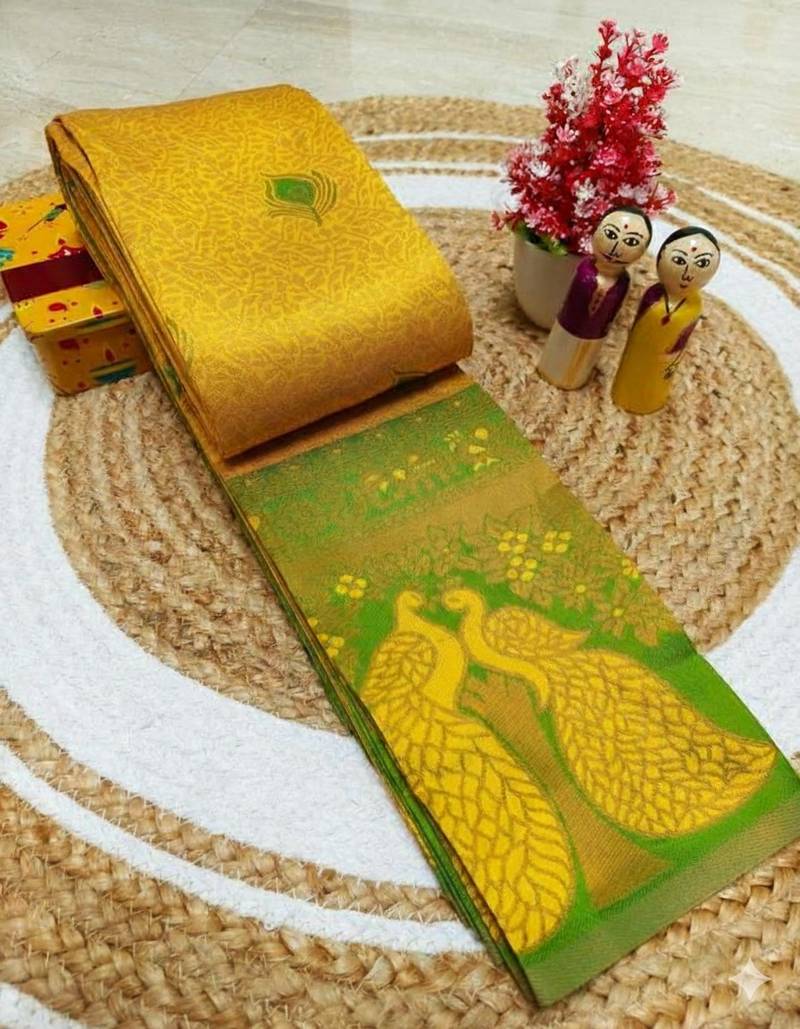 Yellow popti color art silk blend sarees with blouse