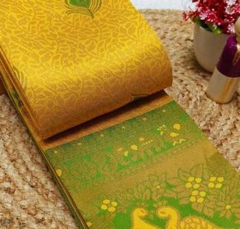 Yellow popti color art silk blend sarees with blouse 3