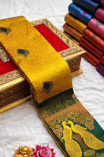 Yellow Green color art silk blend sarees with blouse