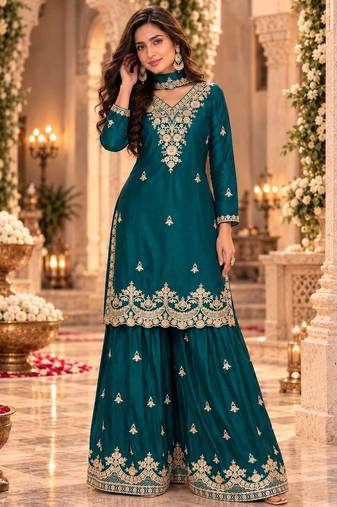 Teal wedding collection chinon silk full stitched suits free size upto size 44