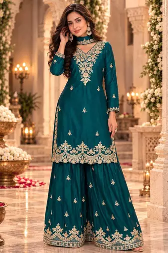 Teal wedding collection chinon silk full stitched suits free size upto size 44
