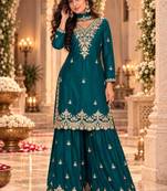 Teal wedding collection chinon silk full stitched suits free size upto size 44