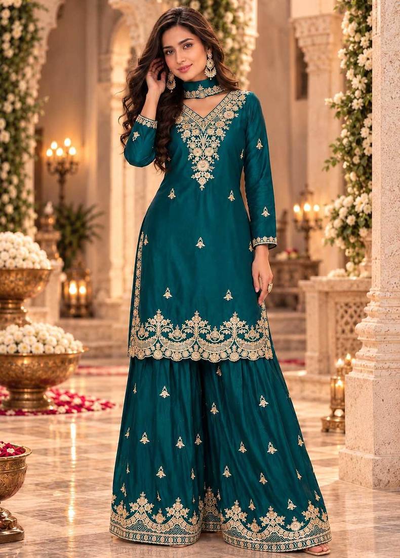 Teal wedding collection chinon silk full stitched suits free size upto size 44